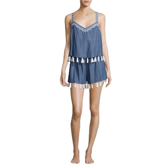 Shoshanna Other - Shoshanna Swimwear Blue & White Embroidered Tassel Romper Shorts Cover U…